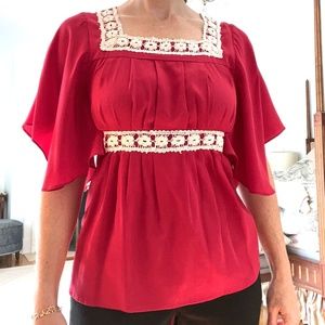 SUNNER Red Silk Blouse with Embroidered Lace Details